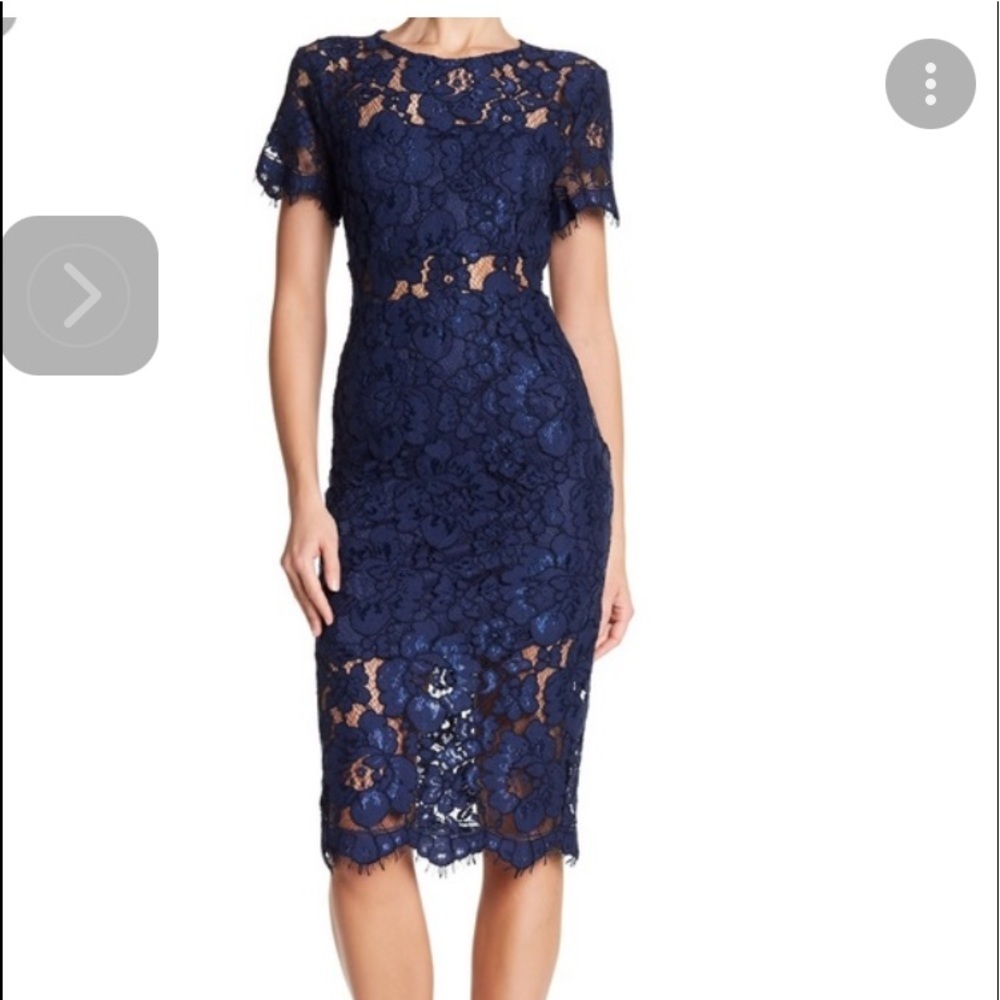 Revolve NSR navy blue floral lace Illusion midi dress size L cocktail romantic